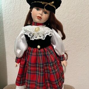 Vintage Elegant Plaid Doll with Black Velvet Hat